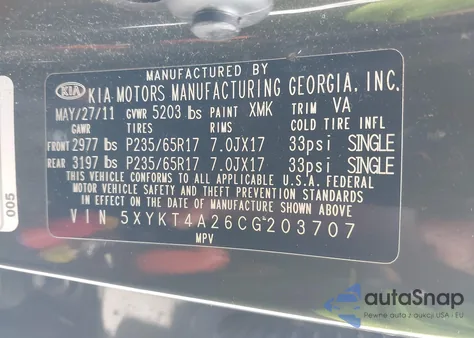 2012 Kia Sorento Lx V6 z USA, uszkodzony, nr VIN 5XYKT4A26CG203707